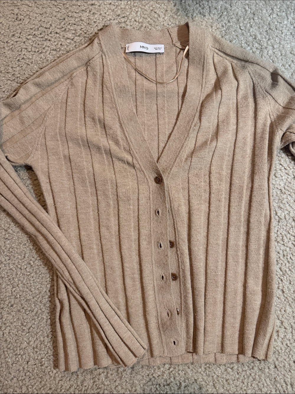 Mango Tan Ribbed V-Neck Button-Front Cardigan, Small